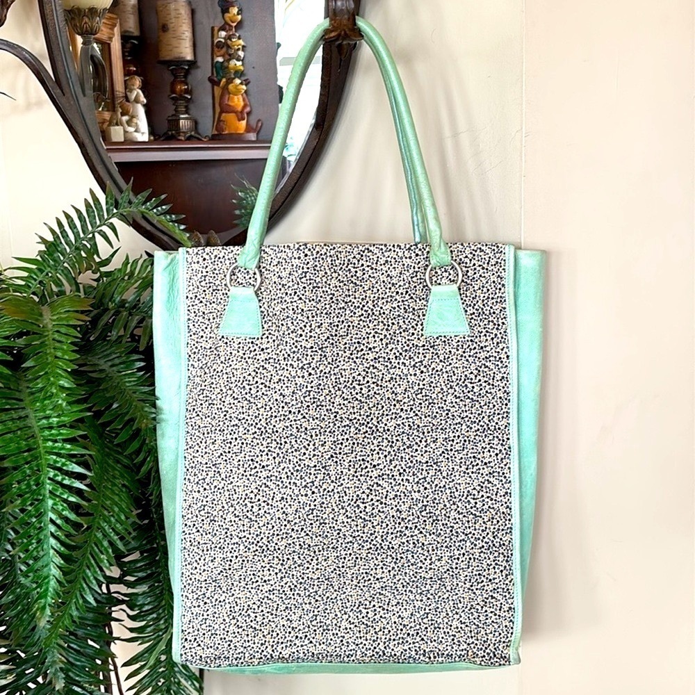 Missoni Genuine Leather Mint Green and Black Multi Patterned Fabric Tote Bag